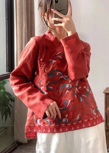 Retro Red Stand Collar Embroidered Linen Shirt Long Sleeve