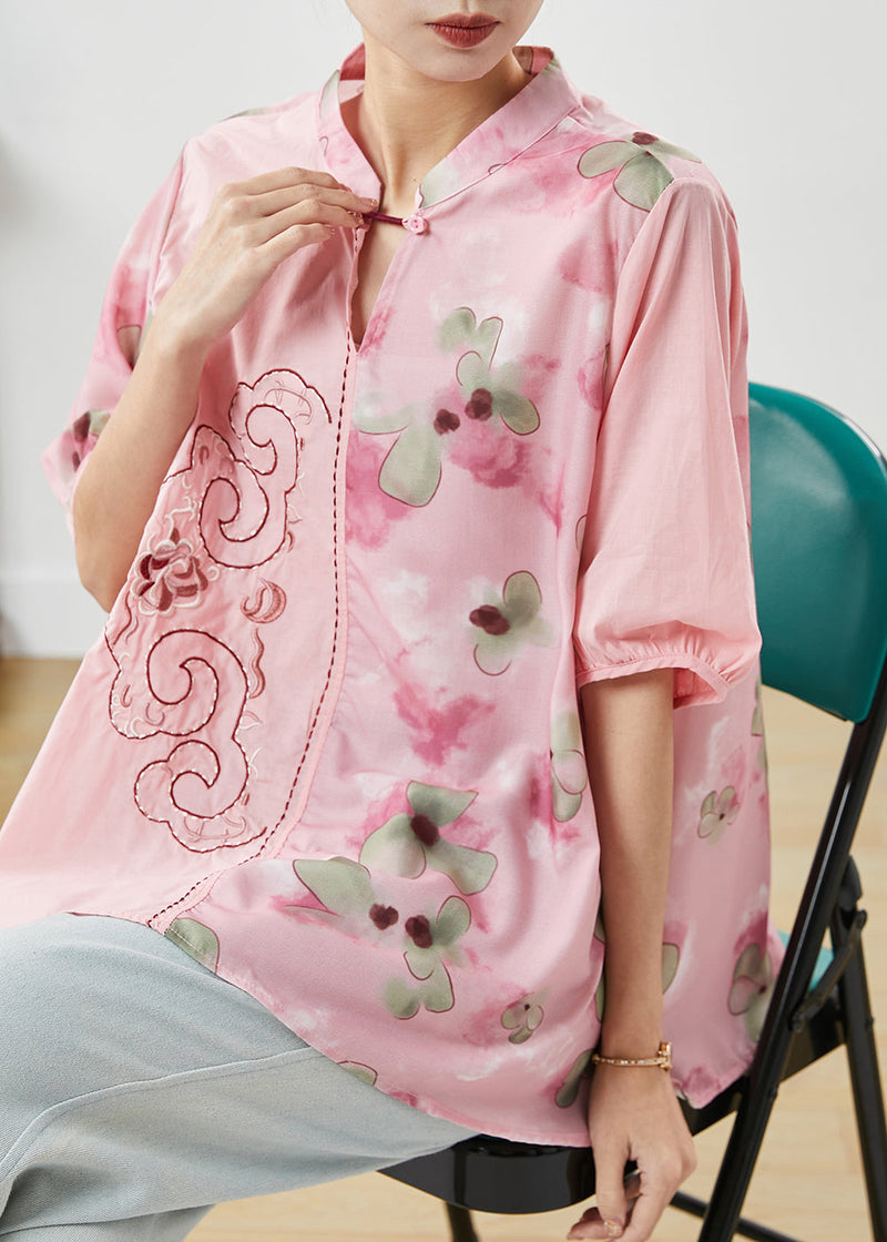 Diy Pink Embroidered Print Linen Blouses Summer
