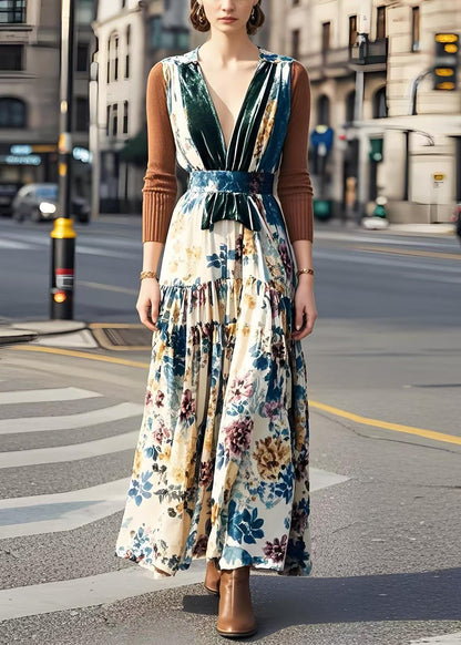 V Neck Patchwork Print Silk Velour Long Dress Fall