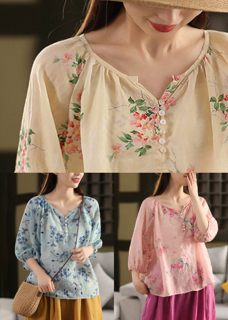 Loose Apricot Print Button Thin Linen Blouses Summer
