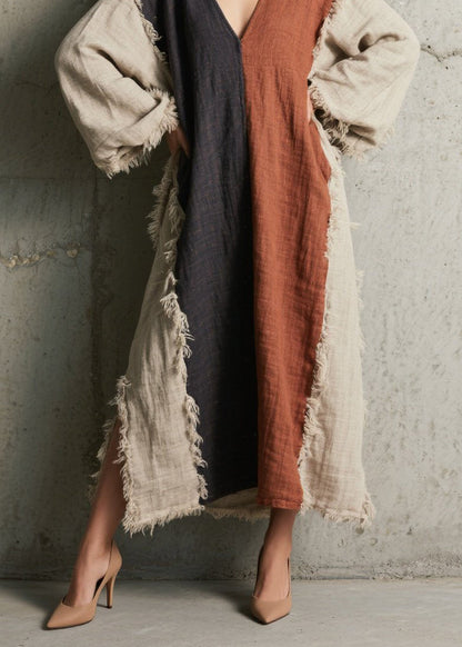 Colorblock V Neck Tassel Patchwork Cotton Dress Fall