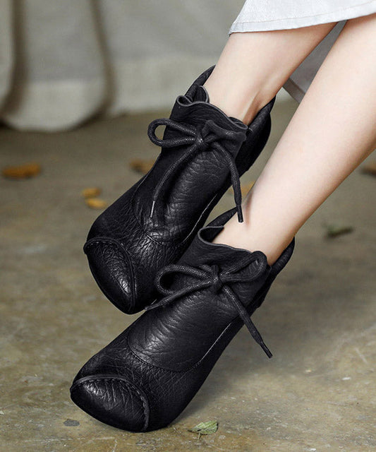 Chocolate Cowhide Leather Splicing Lace Up Ankle Boots