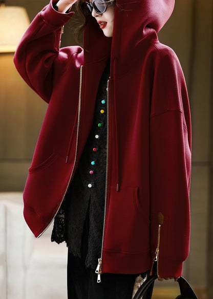 Red Hooded Pockets Zippered Cotton Coats Fall