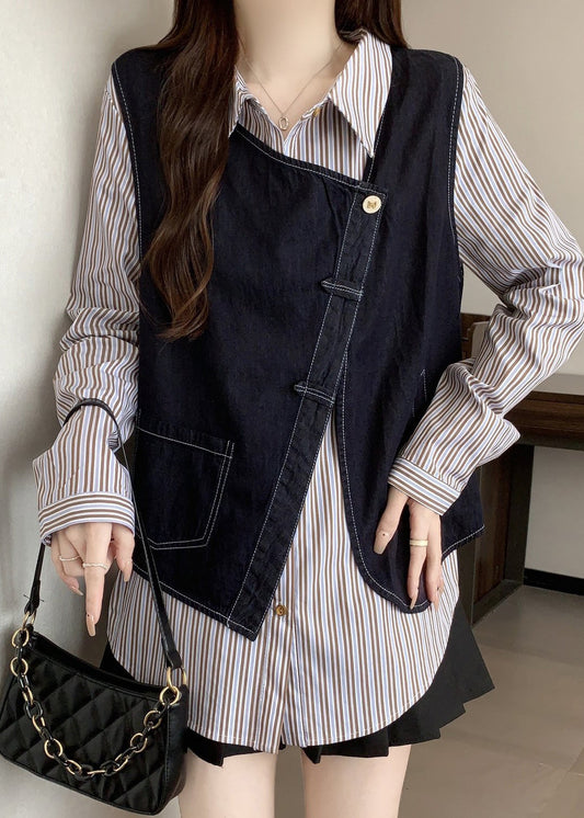 Asymmetrical Striped Cotton Fake Two Piece Top Fall