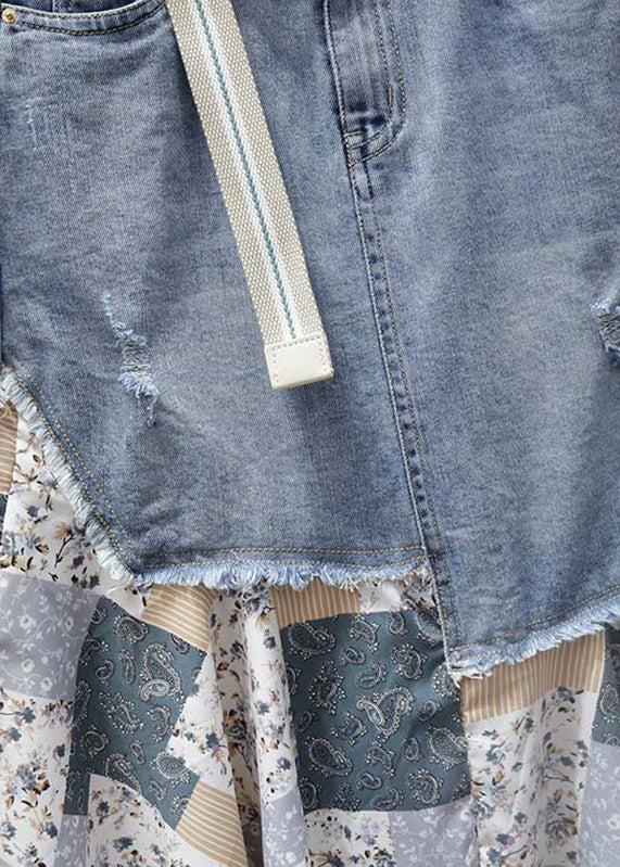 Denim Blue Print Patchwork High Waist Maxi Skirt Summer