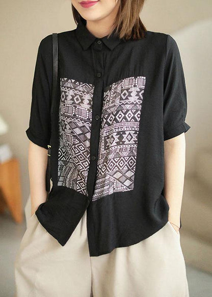 Classy Black Peterpan Collar Button Patchwork Fall Half Sleeve Shirt Top