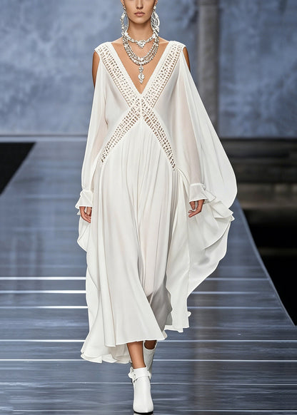 French White V Neck Hollow Out Chiffon Maxi Dresses Butterfly Sleeve