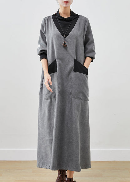 Grey Turtle Neck Patchwork Cotton Long Dress Fall
