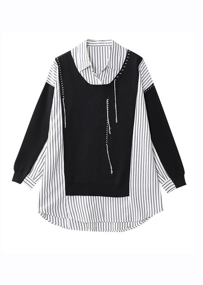 Black Striped Patchwork Low High Design Fake Two Pieces Shirt Long Sleeve