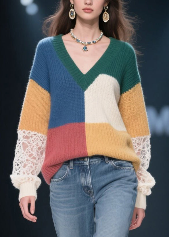 Multicolor V Neck Patchwork Lace Knit Pullover Fall