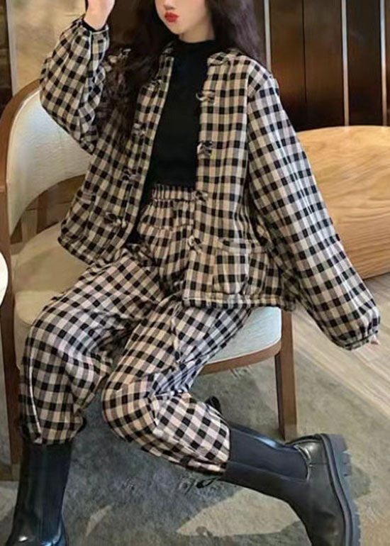 Stylish White Plaid Warm Fleece Tops Harem Pants Two Pieces Set Spring