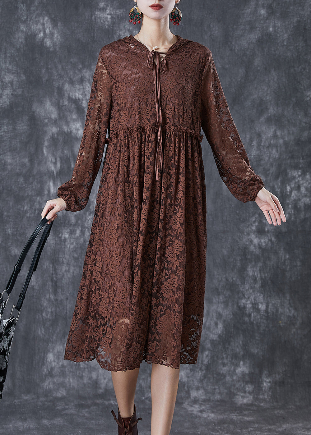 Chocolate Ruffled Hollow Out Lace Long Dresses Fall