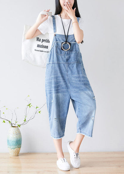 Light Blue Hole Pockets Cowboy Jumpsuits Spring