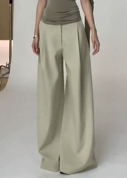 Simple Light Green Pockets High Waist Spandex Wide Leg Pants Fall