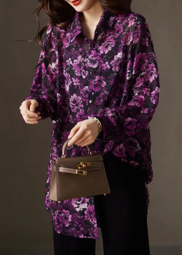 Purple Print Peter Pan Collar Button Chiffon Shirts Fall