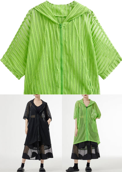 Green Hooded Hollow Out Patchwork Tulle Upf 50+ Coat Half Sleeve