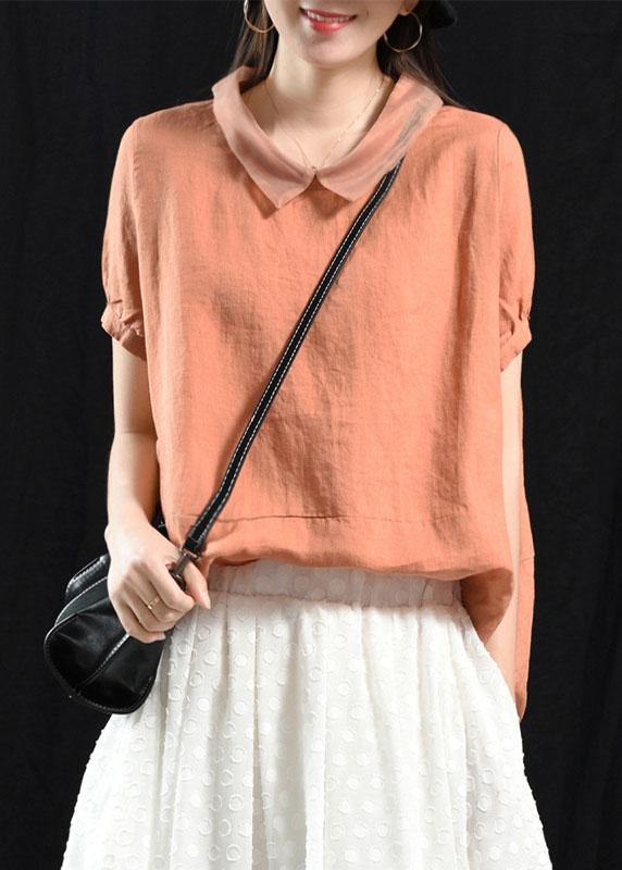 Khaki Patchwork Turn-down Collar Summer Short Sleeve Top