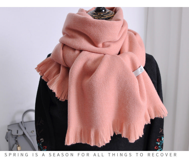 Women's Solid-color Cashmere Scarf with Thick Tassels