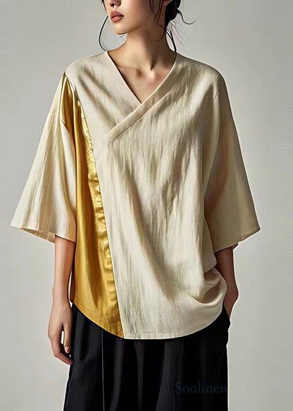 Beige V Neck Patchwork Linen Shirt Tops Summer