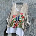 Comstylish Women's Vintage Peacock Floral Embroidery Art Loose V-neck Shirt