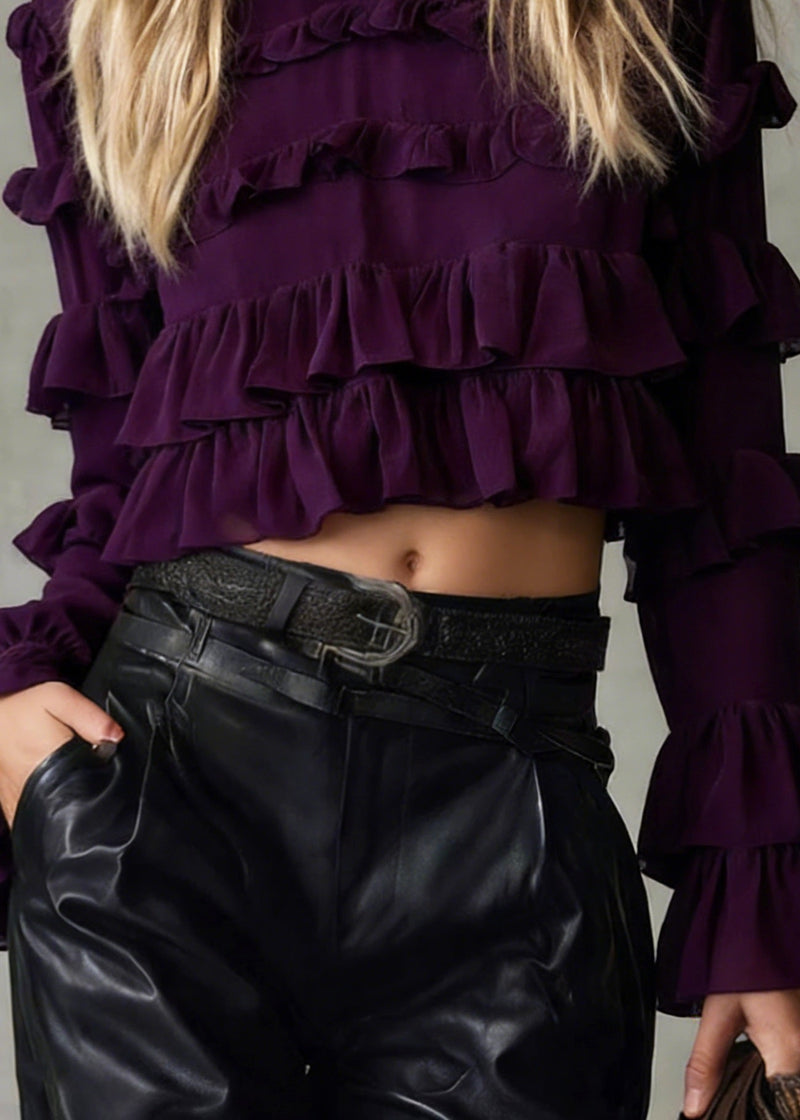 Purple Ruffled Patchwork Chiffon Blouse Tops Spring