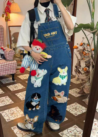 Fitted Blue Oversized Animals Denim Jumpsuit Summer