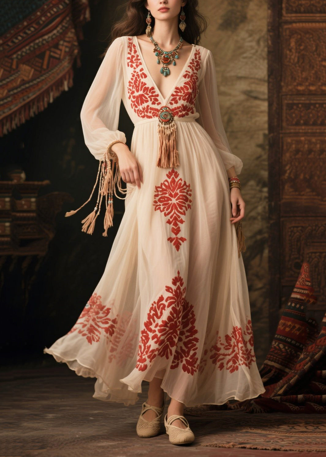 White Tasseled Print Chiffon Long Dress Fall