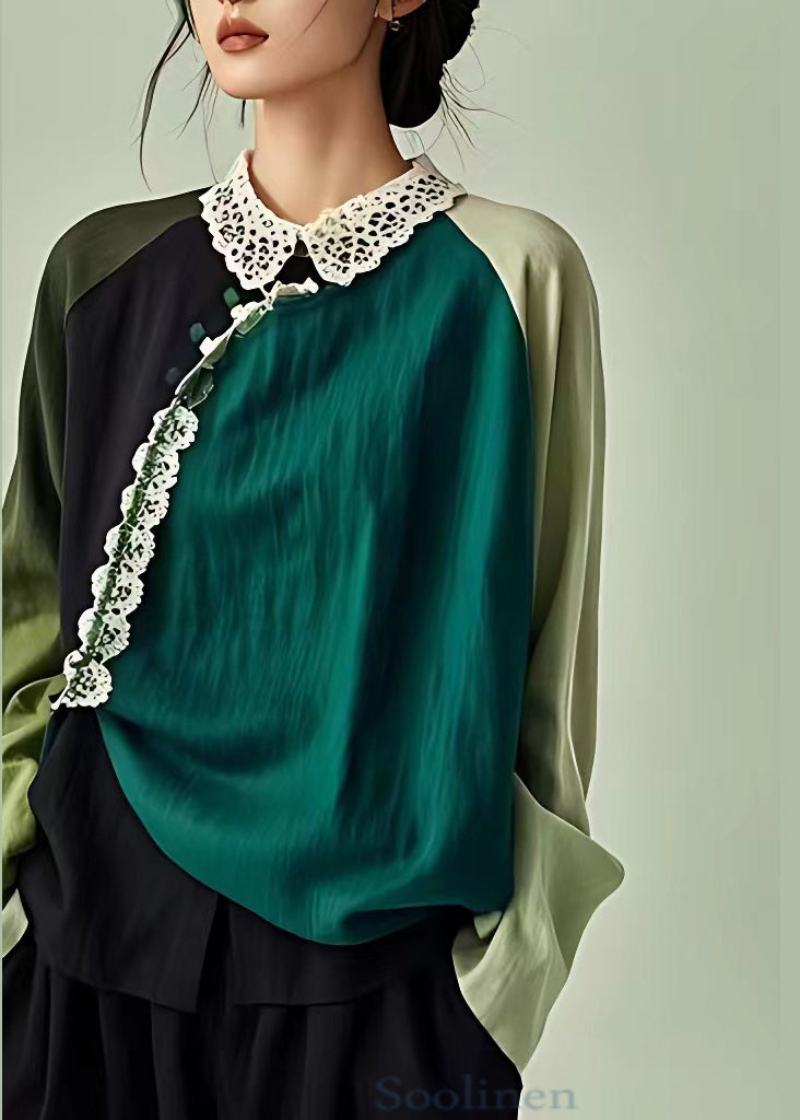 Blackish Green Peter Pan Collar Hollow Out Linen Blouse Long Sleeve