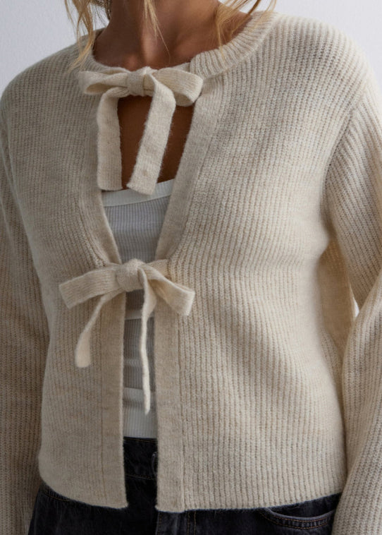 Apricot O Neck Lace Up Knit Loose Coat Fall