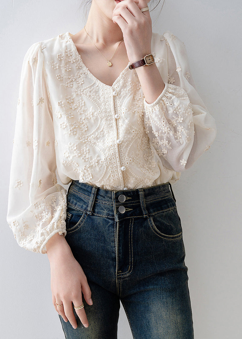 Organic Beige Embroidered Nail Bead Chiffon Shirt Tops Spring