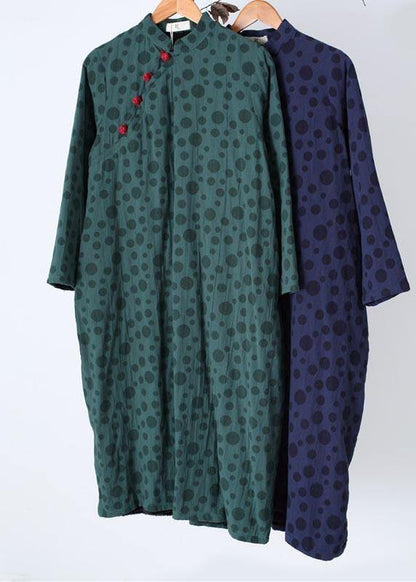 Diy Blackish Green Dotted Tunic Stand Collar Traveling Spring Dress