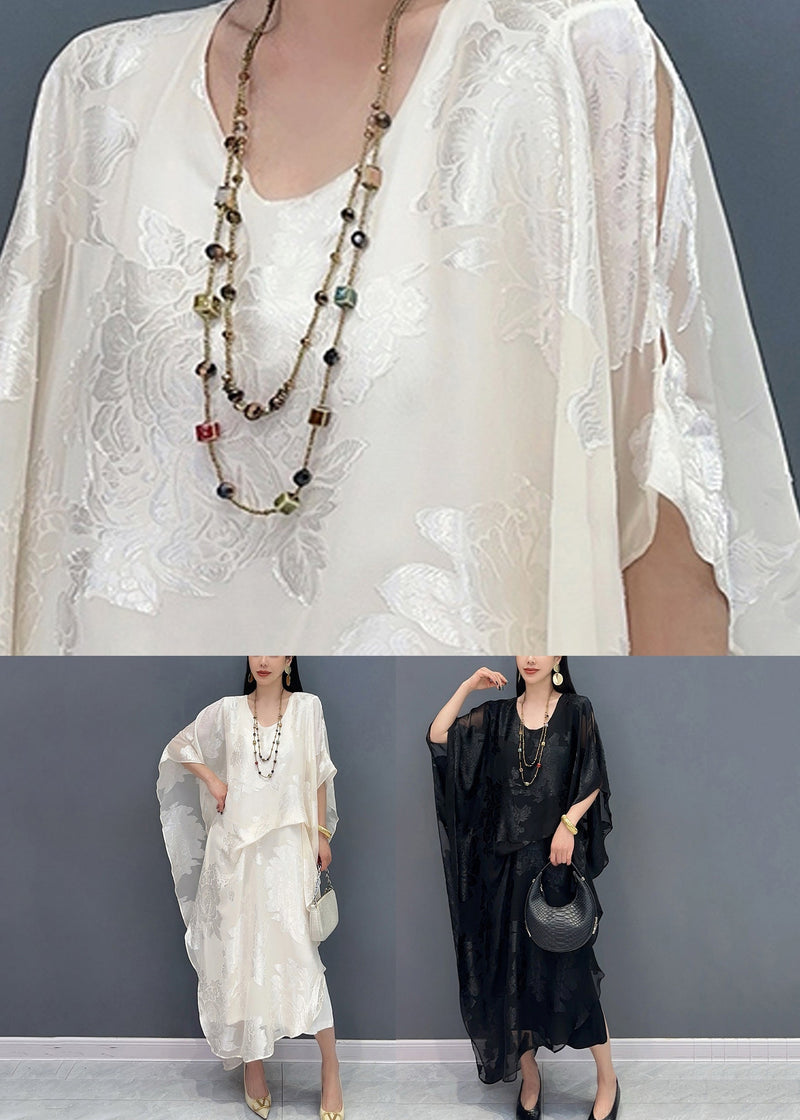 Jacquard White O-neck Silk Long Dress Summer