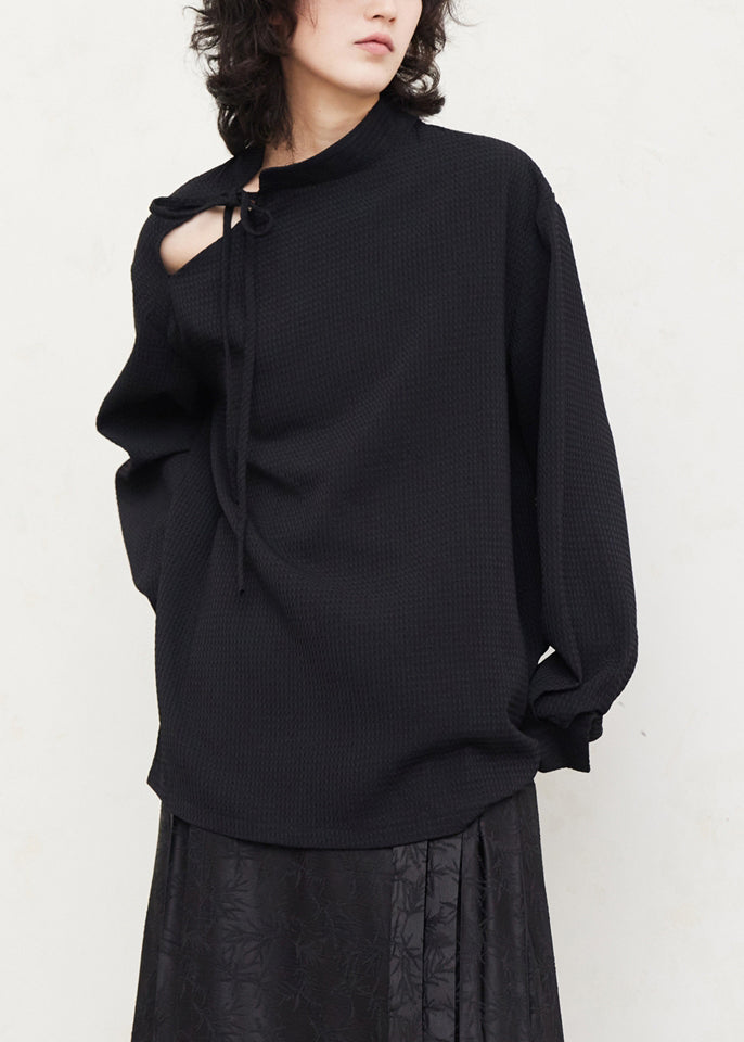 Black Tie Lace Shirts Lantern Sleeve
