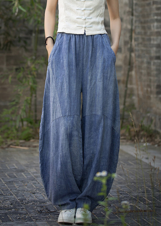 Blue Pockets High Waist Linen Summer Pants