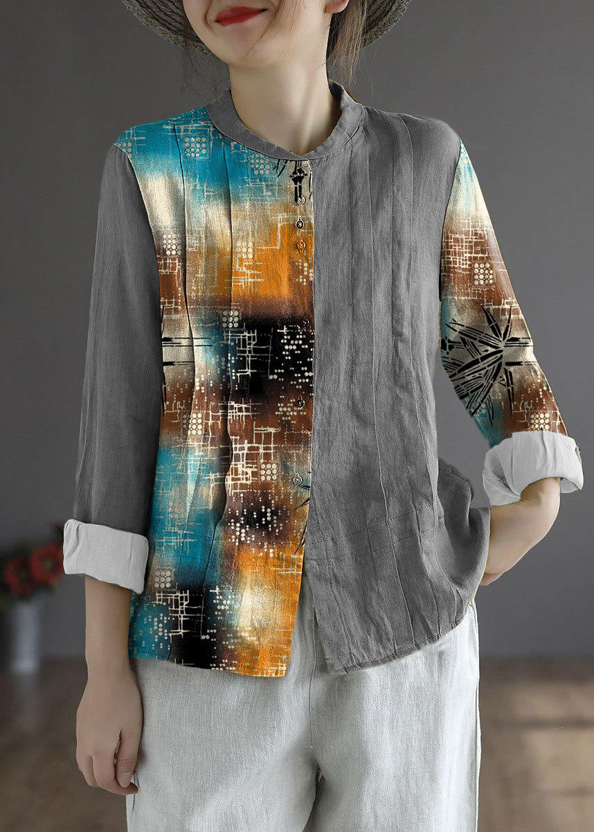 Gray Geometry Button Fall Top Long Sleeve Linen