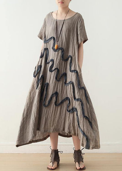 Art Khaki O-neck Linen Summer Maxi Dresses