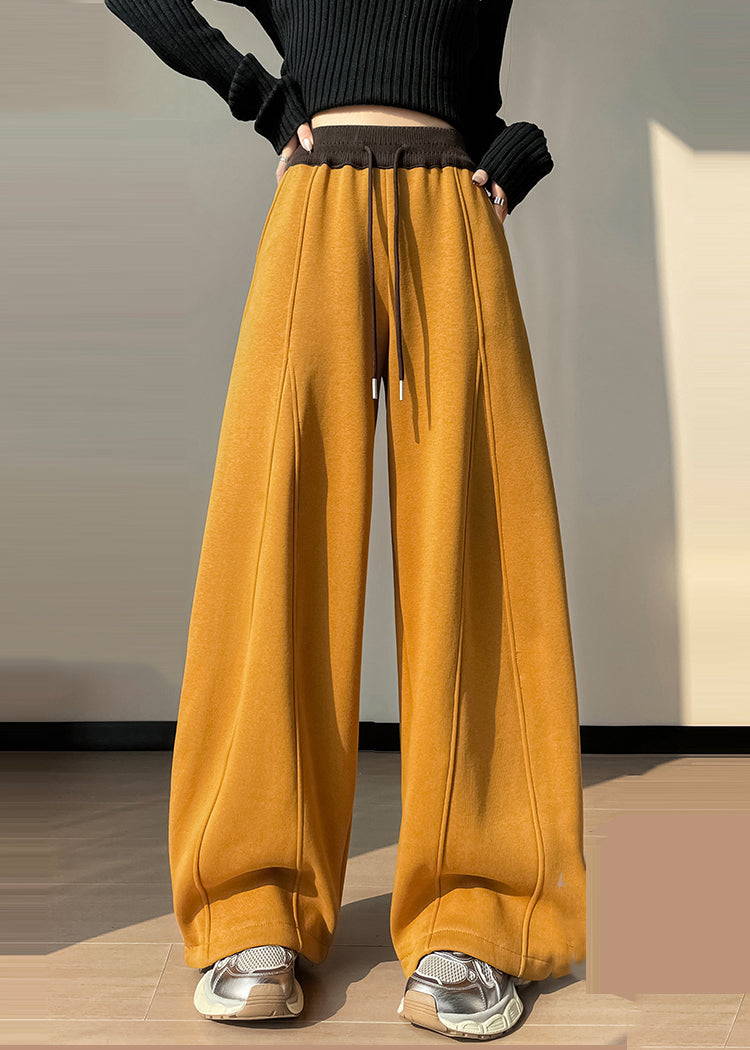 Yellow Elastic Waist Patchwork Warm Fleece Pants Winter