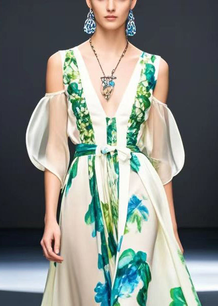 White Cold Shoulder Print Silk Maxi Dresses Summer