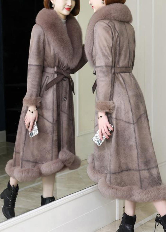 French Khaki Fur Collar Tie Waist Leather and Fur Coat Winter