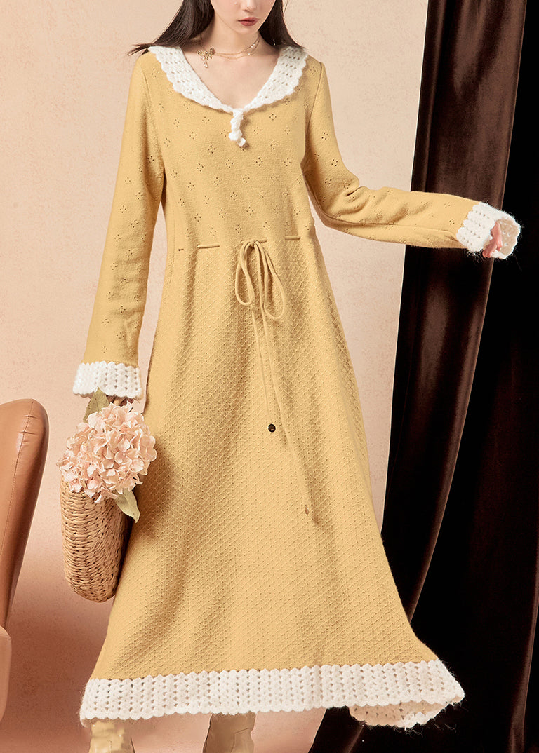 Yellow Hollow Out Lace Up Knit Long Dress Winter