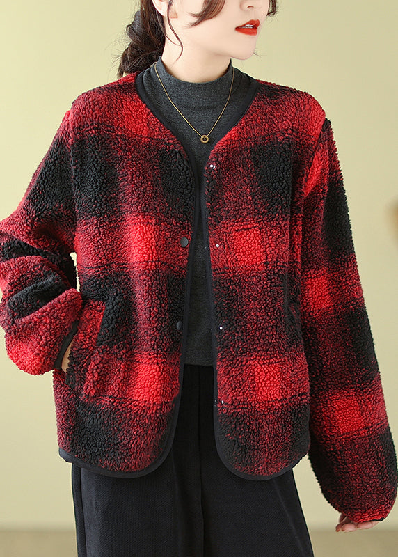 Boutique Red O-neck Pockets Plaid Faux Fur Jackets Fall