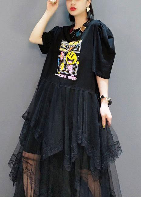 Black O-neck Print Half Sleeve Fall Dresses