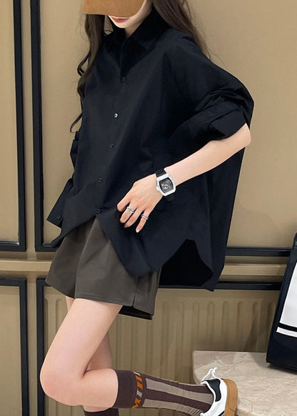 Black Peter Pan Collar Side Open Shirt Long Sleeve