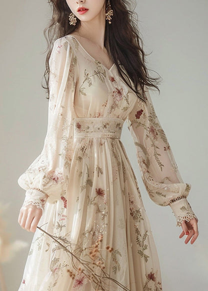 V Neck Print High Waist Chiffon Dress Long Sleeve Spring