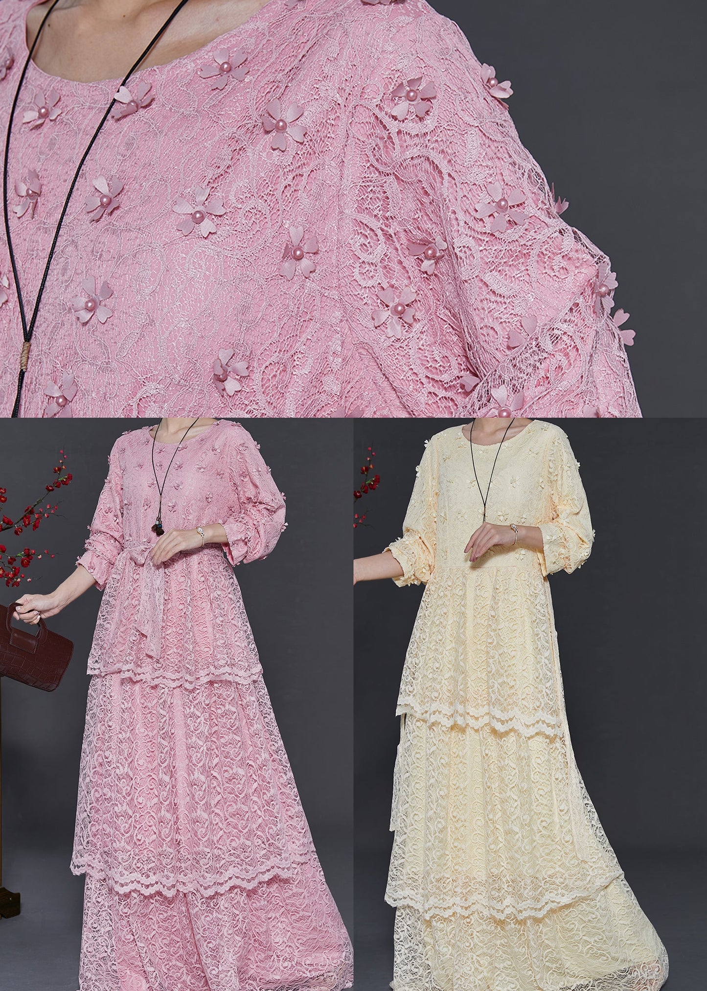 Pink Layered Lace Vacation Dress Spring