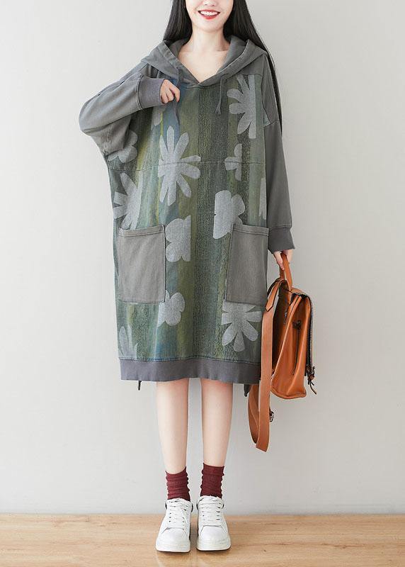Unique Grey Hooded Pockets Patchwork Print Spring Sweatshirt Dress