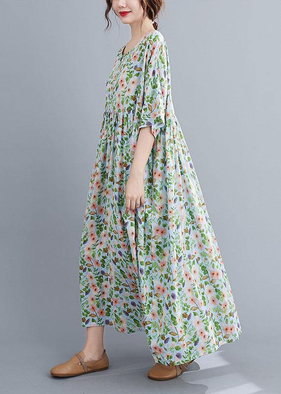 Light Green O-neck Patchwork Print Summer Dress Half Sleeve