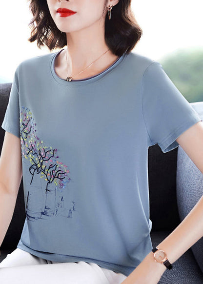 Italian Light Blue O-neck Embroideried Modal Cotton Tank Tops Short Sleeve