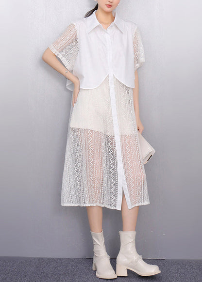 White Peter Pan Collar Patchwork Lace Shirt Dress Summer