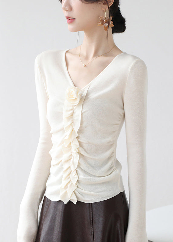 Fitted Red V Neck Ruffled Knit Top Spring